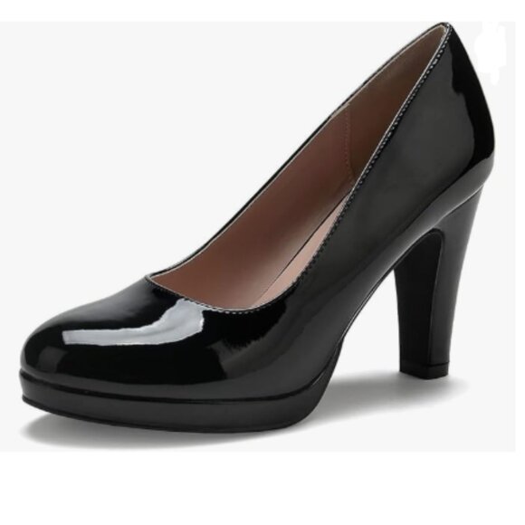 miss left Black Low Platform Chunky High Heel Slip On Round Toe Elegant Pump - Picture 1 of 8